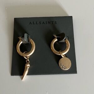 ALL SAINTS MISMATCHED HORN & DISC DROP HUGGIE HOOP EARRINGS GOLD TONE